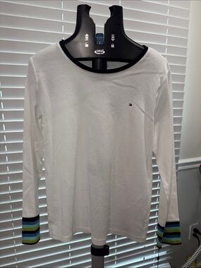 Tommy Hilfiger White Long Sleeve Tee with Multicolor Stripe Cuffs